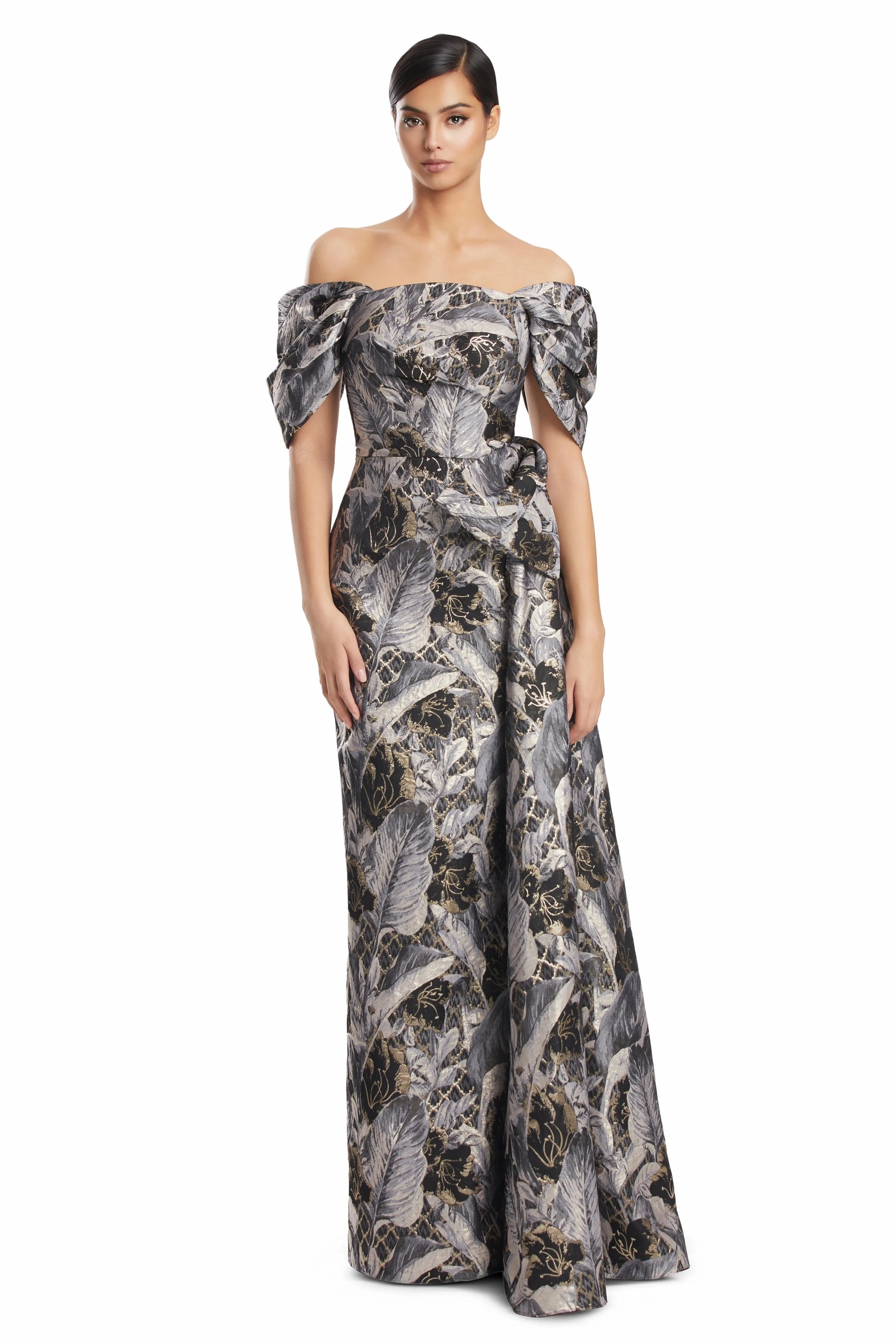 Off-Shoulder Floor-Length Brocade Evening Gown by Alexander by Daymor 3221S26 in Black/Multi