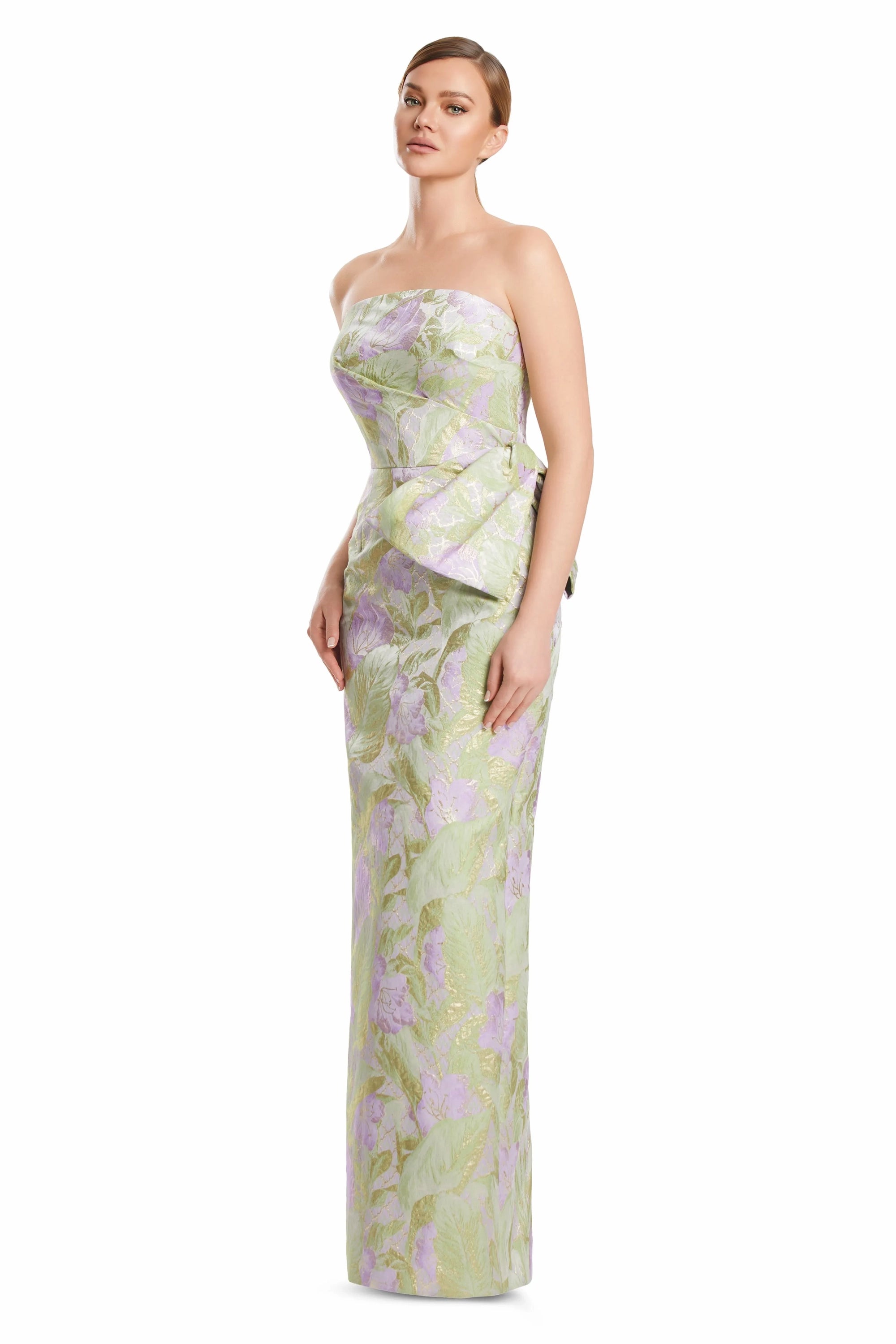 Off-Shoulder Floor-Length Brocade Evening Gown by Alexander by Daymor 3221S26 in Meadow Dew/Multi