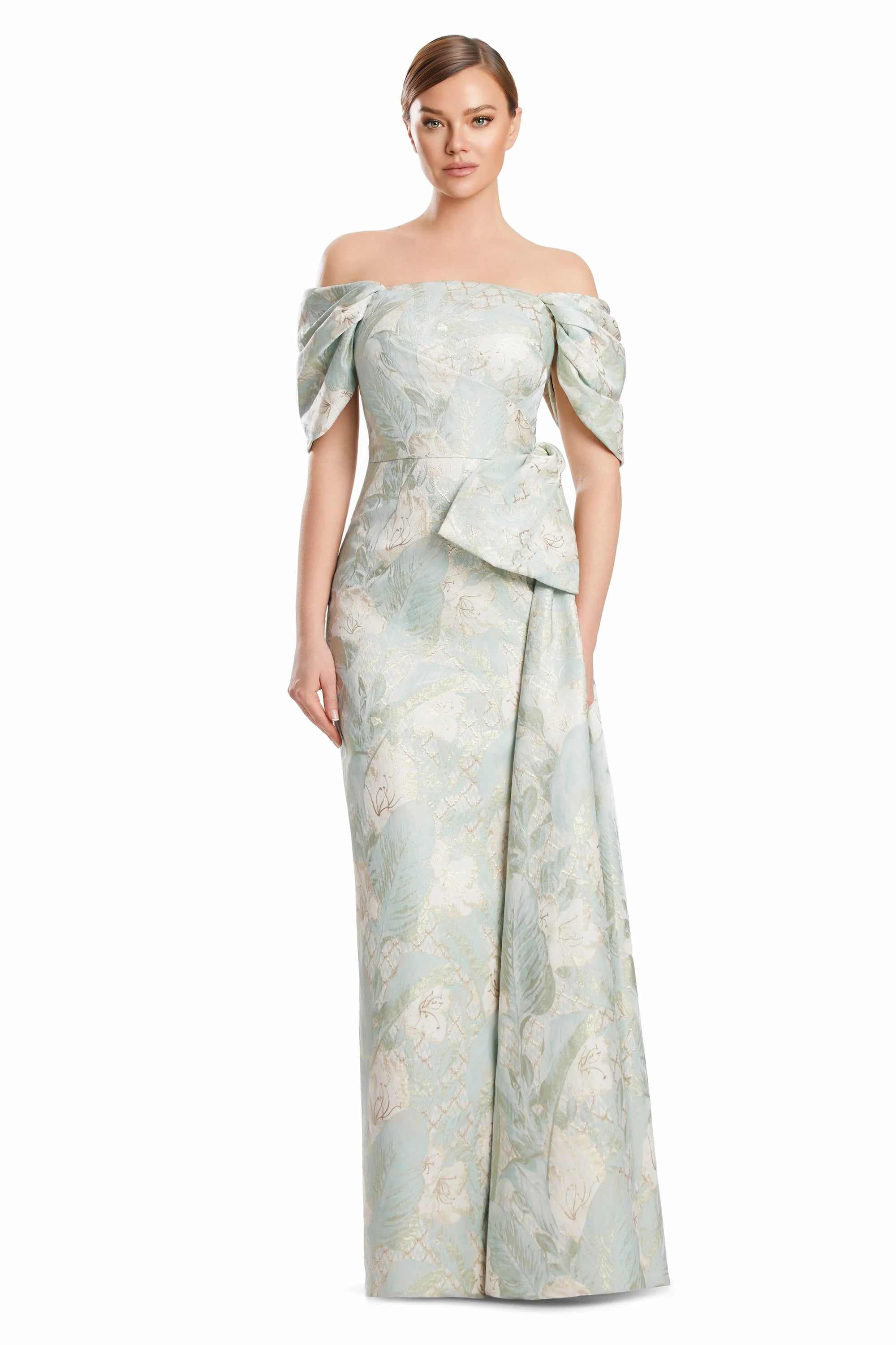 Off-Shoulder Floor-Length Brocade Evening Gown by Alexander by Daymor 3221S26 in Soft Mint/Multi