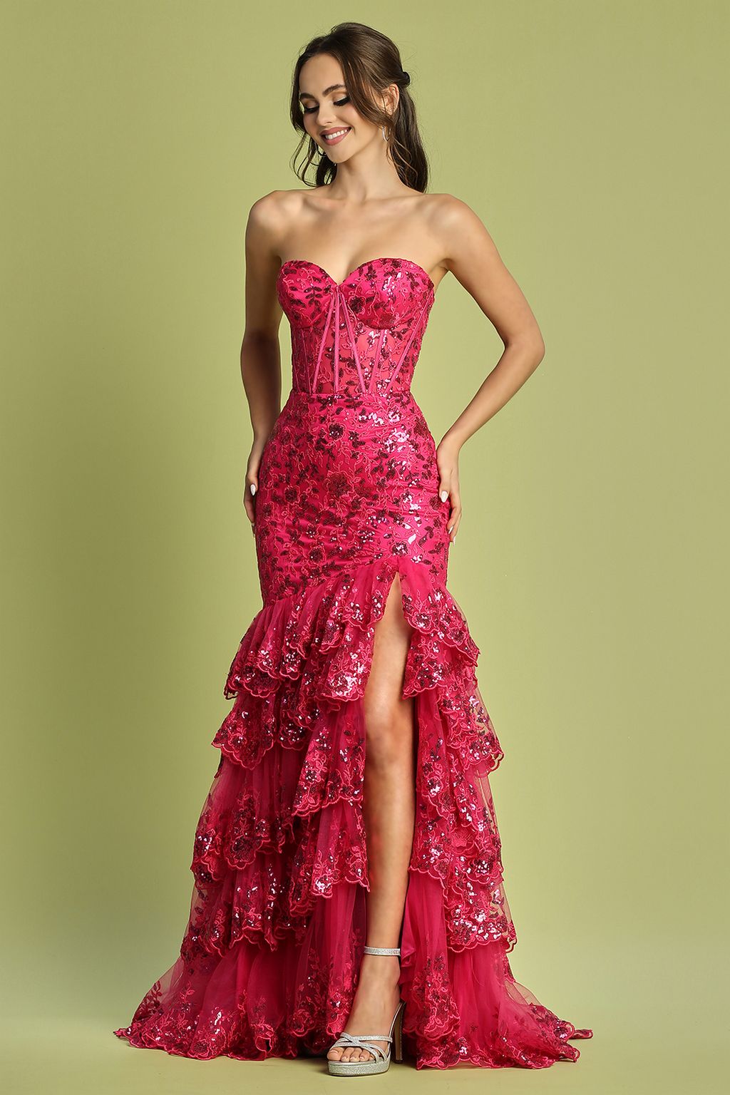 Prom Dresses Long Fitted Applique Formal Tiered Prom Dress Fuchsia