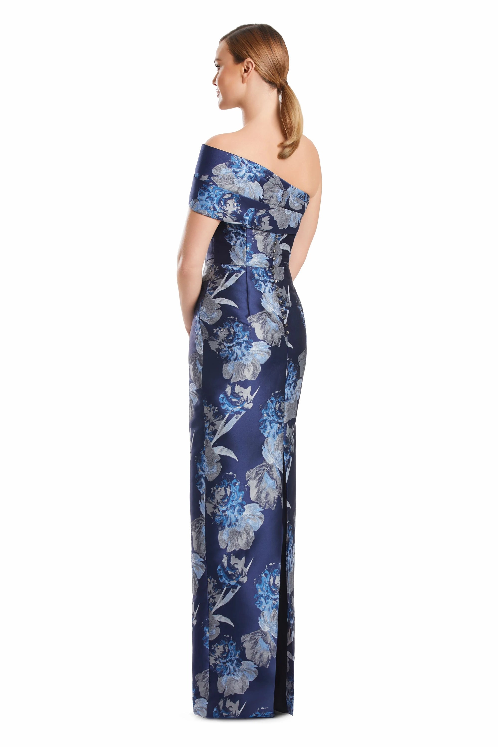 One-Shoulder Long Floral Jacquard Gown by Alexander by Daymor 3223S26 in Navy/Multi