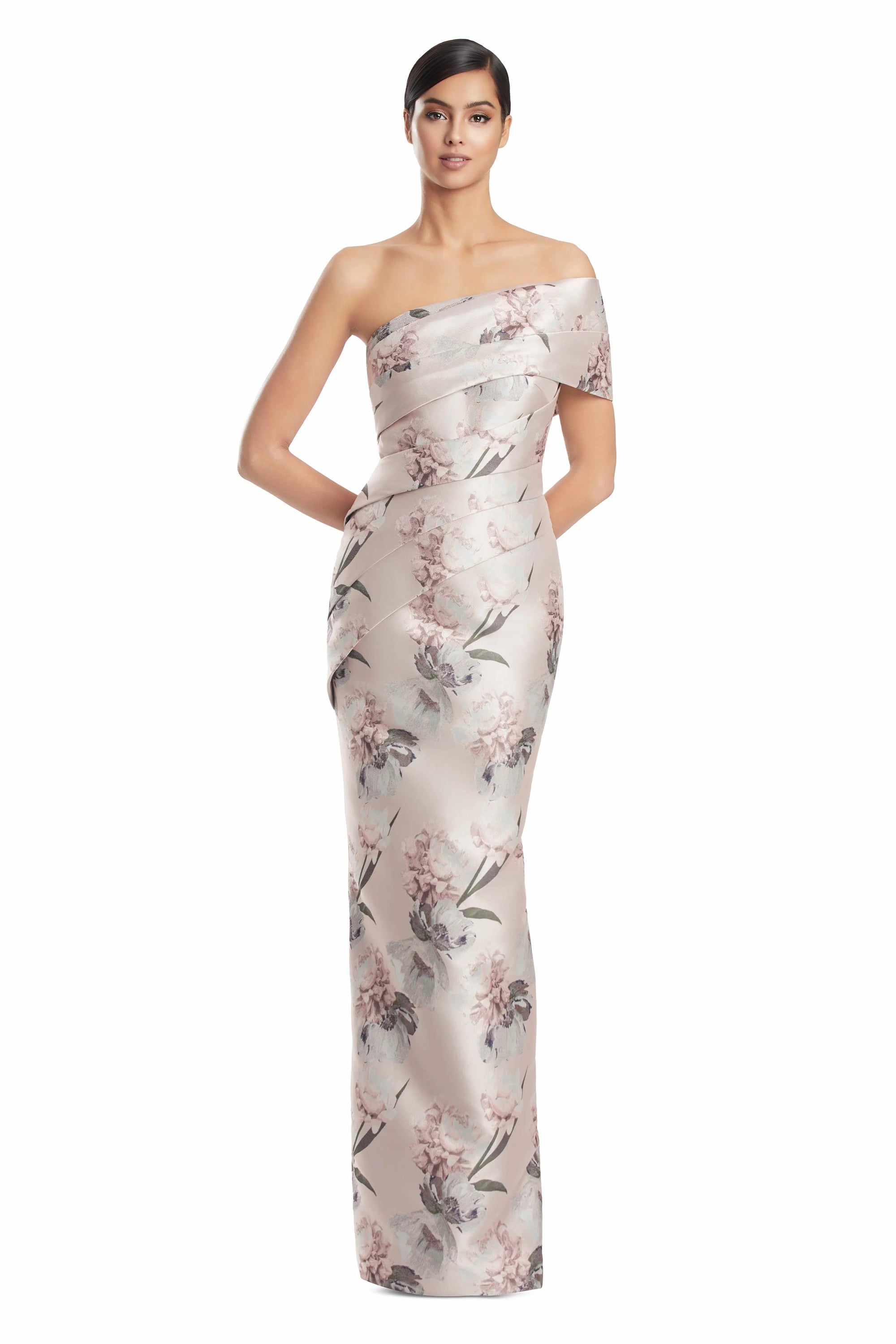 One-Shoulder Long Floral Jacquard Gown by Alexander by Daymor 3223S26 in Quartz/Multi