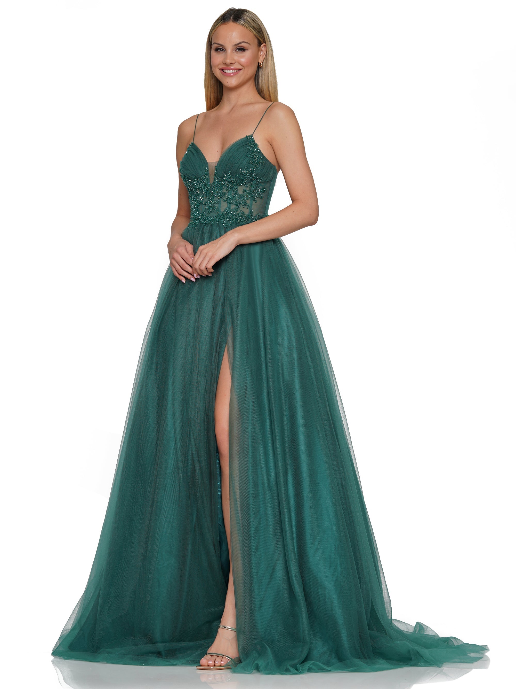 Prom Dresses Long Spaghetti Strap Beaded Mesh Prom Ball Gown Deep Green