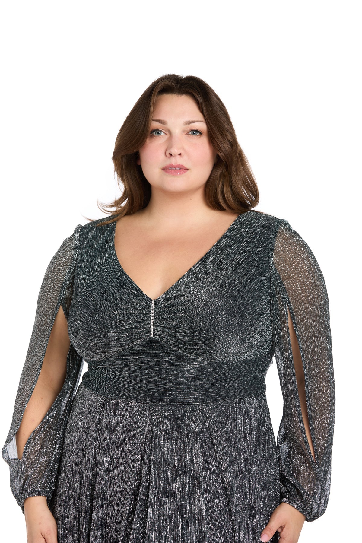 R&M Richards 3228W Plus Size Long Sleeve Metallic Formal Dress