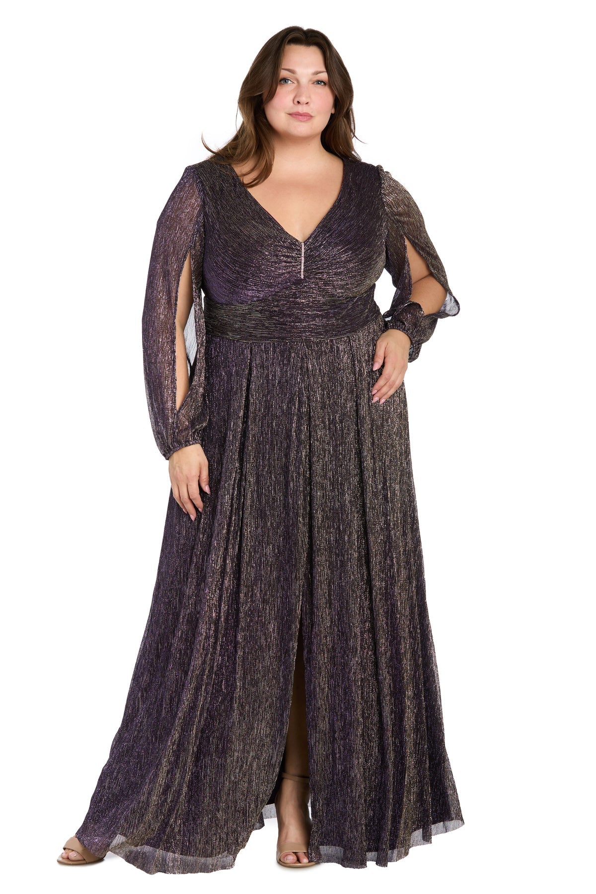 R&M Richards 3228W Plus Size Long Sleeve Metallic Formal Dress