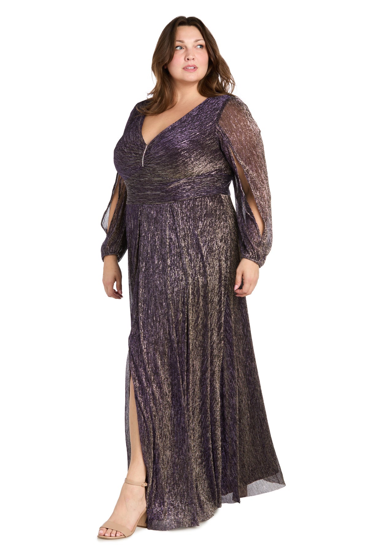 R&M Richards 3228W Plus Size Long Sleeve Metallic Formal Dress