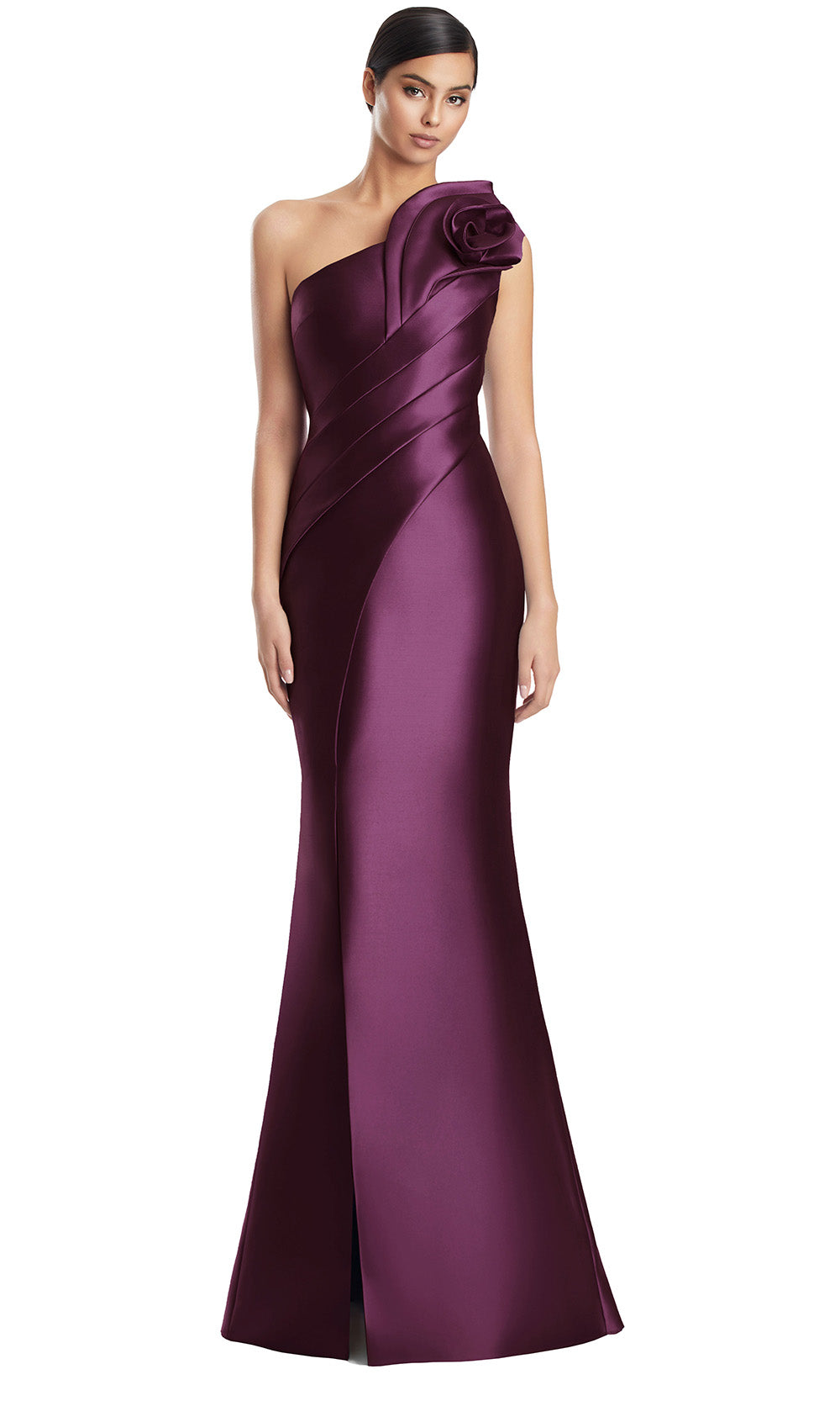 One Shoulder Long Satin Evening Gown by Alexander by Daymor 3230S26 in Plum