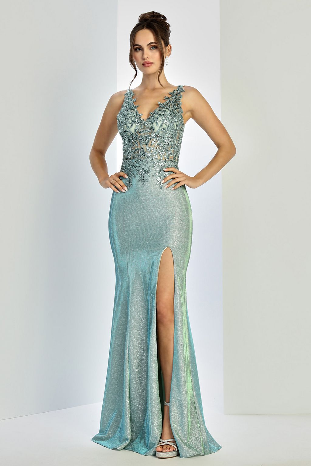 Champagne Adora Design 3230 Prom Long Glitter Fitted Formal Dress
