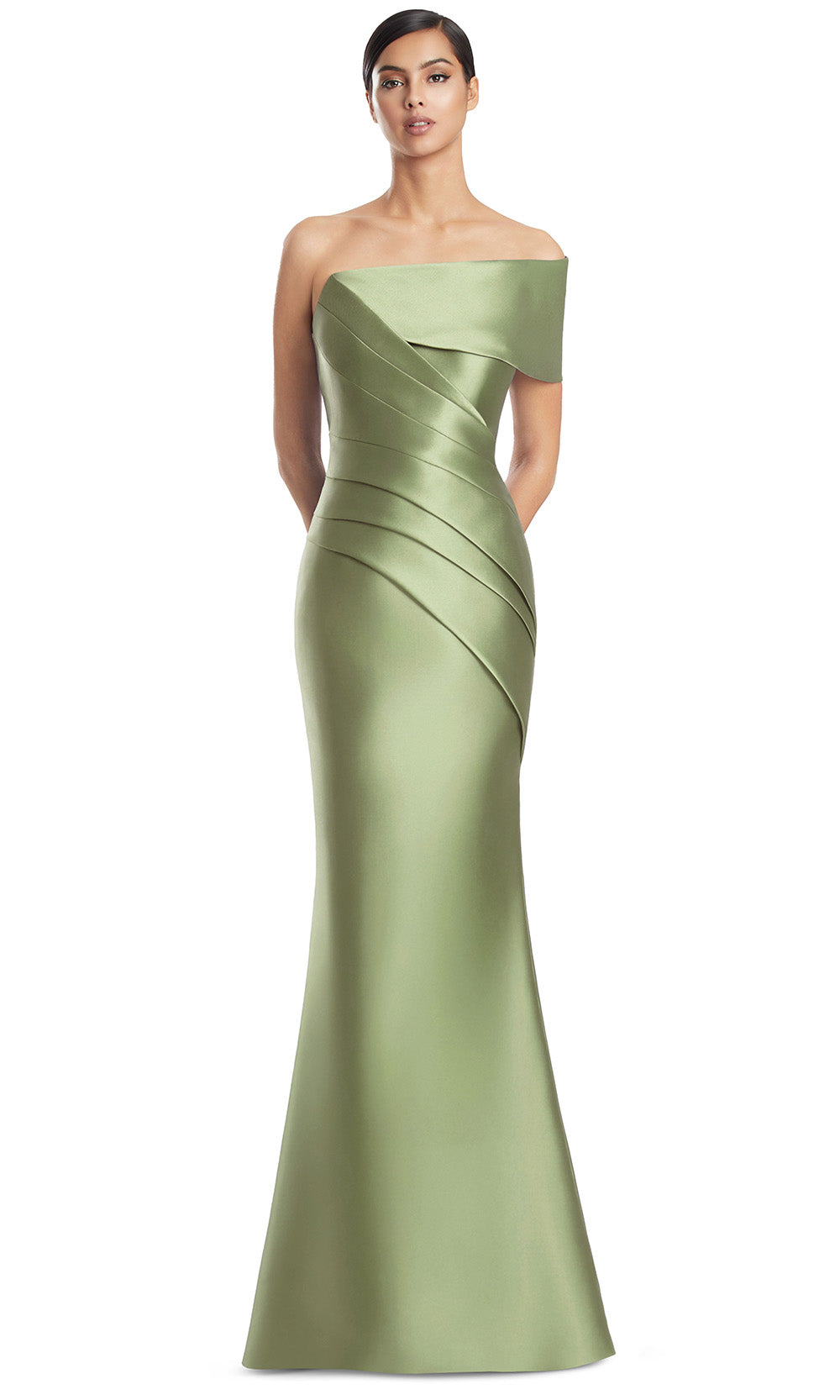 Off-Shoulder Long Satin Evening Gown by Alexander by Daymor 3232S26 in Olive