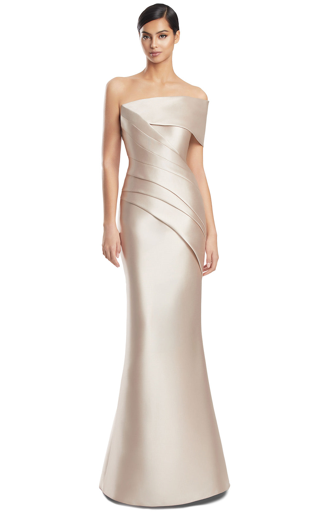 Off-Shoulder Long Satin Evening Gown by Alexander by Daymor 3232S26 in Wheat