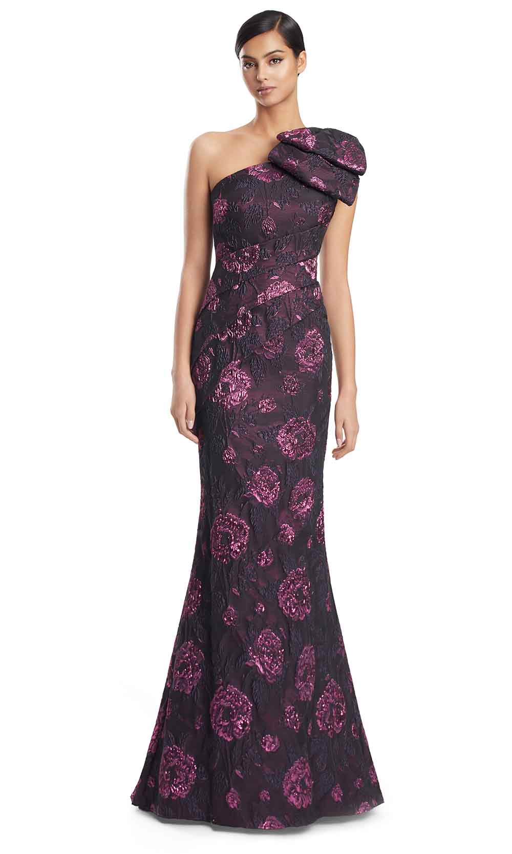 One-Shoulder Long Floral Brocade Gown by Alexander by Daymor 3233S26 in Plum/Fuchsia