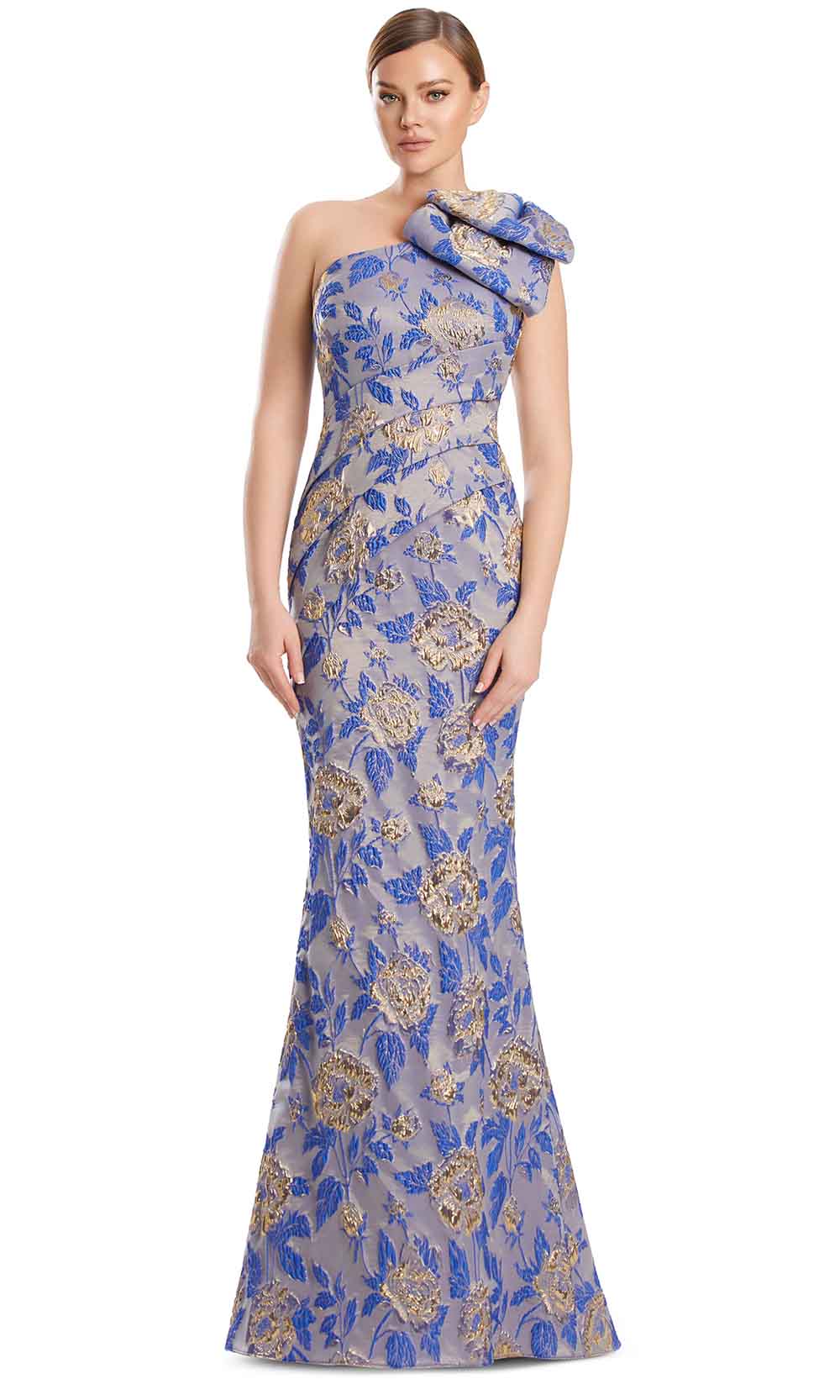 One-Shoulder Long Floral Brocade Gown by Alexander by Daymor 3233S26 in Royal/Gold