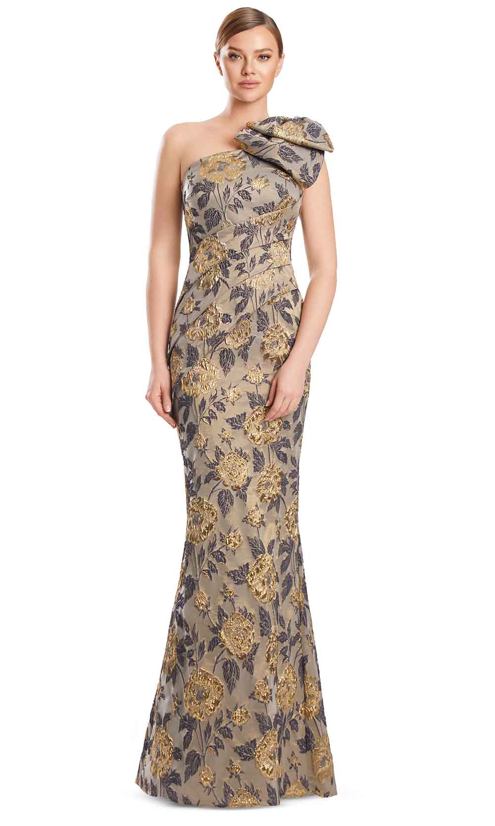 One-Shoulder Long Floral Brocade Gown by Alexander by Daymor 3233S26 in Taupe/Gold