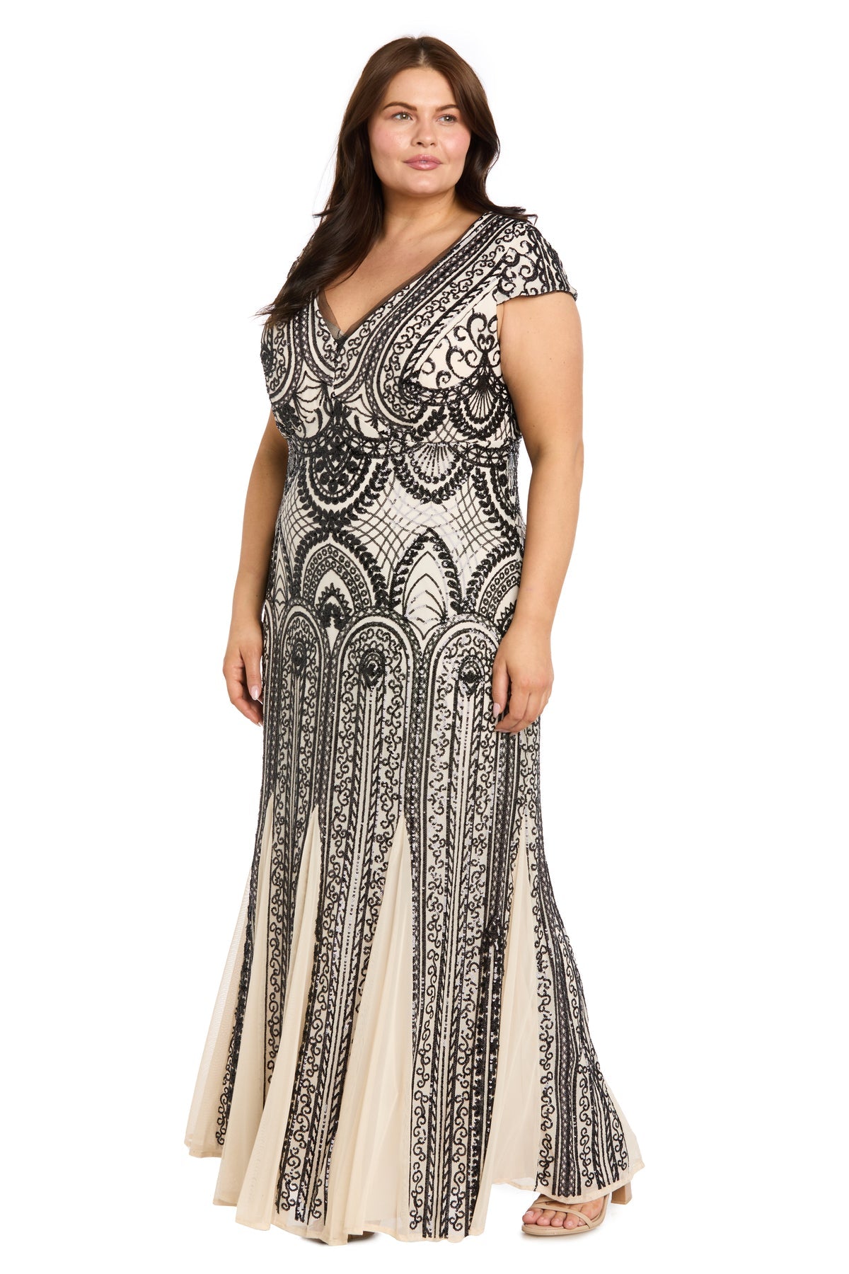 V-Neck Floor-Length Mesh Formal Sheath/Column R&M Richards 3235W