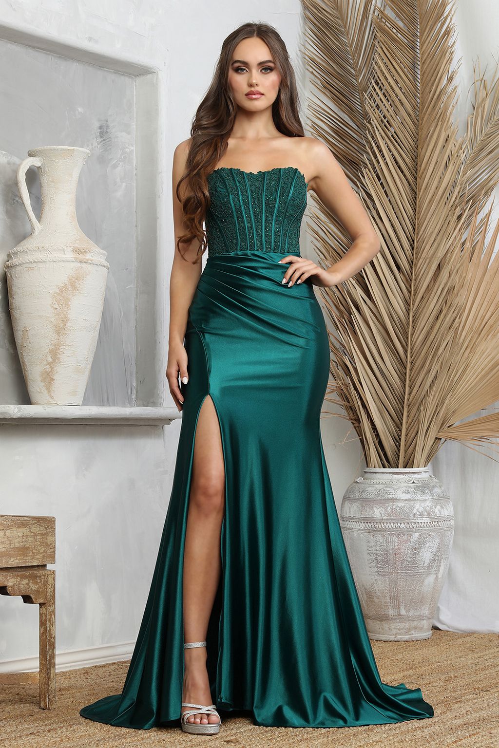Prom Dresses Long Formal Lace Slit Prom Dress Emerald