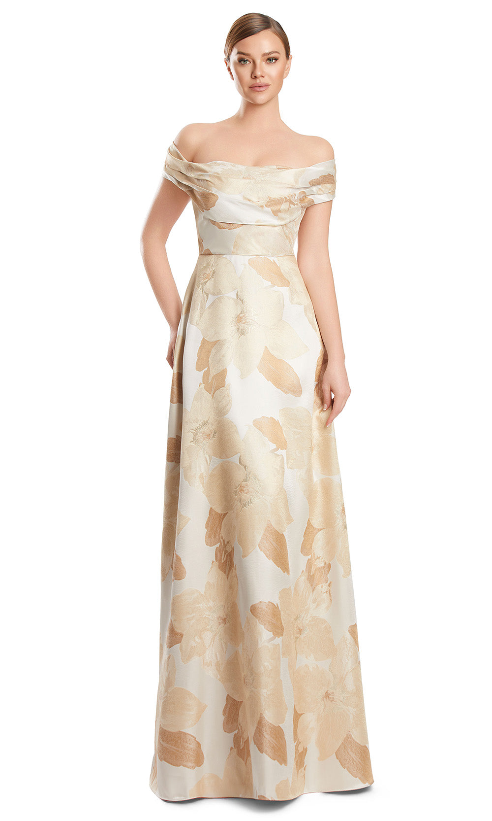 Off-Shoulder Floor-Length Floral Jacquard Gown by Alexander by Daymor 3247S26 in Champagne/Multi