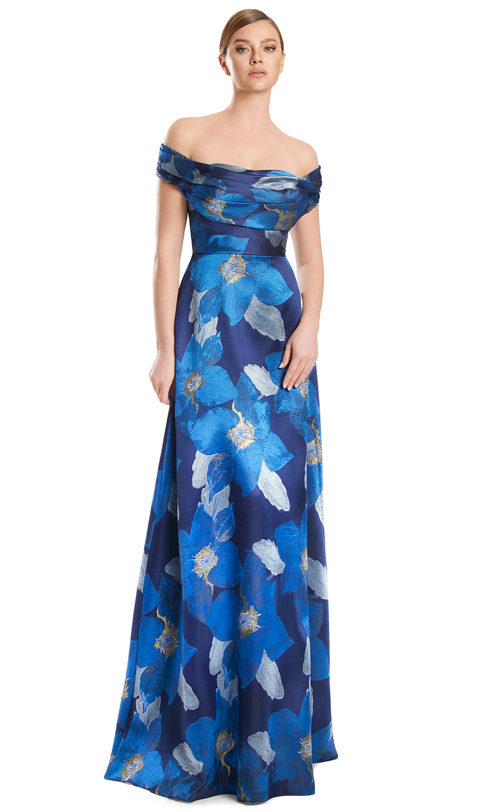 Off-Shoulder Floor-Length Floral Jacquard Gown by Alexander by Daymor 3247S26 in Navy/Multi