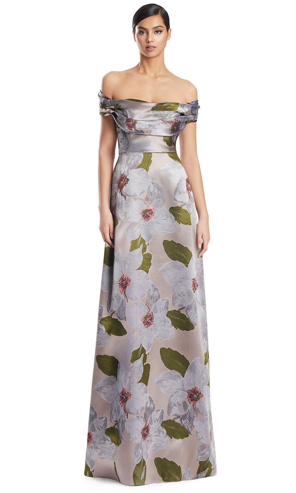 Off-Shoulder Floor-Length Floral Jacquard Gown by Alexander by Daymor 3247S26 in Nickel/Multi