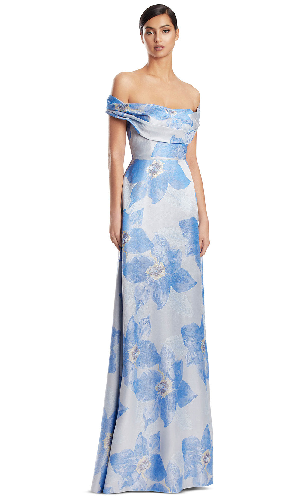 Off-Shoulder Floor-Length Floral Jacquard Gown by Alexander by Daymor 3247S26 in Summer Blue/Multi
