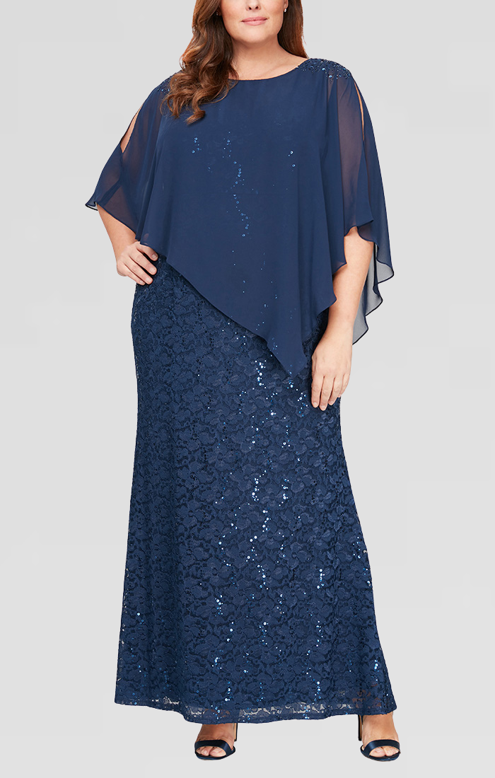 Plus Size Dresses Sequin Plus Size Long Formal Floral Lace Evening Dress NEW NAVY