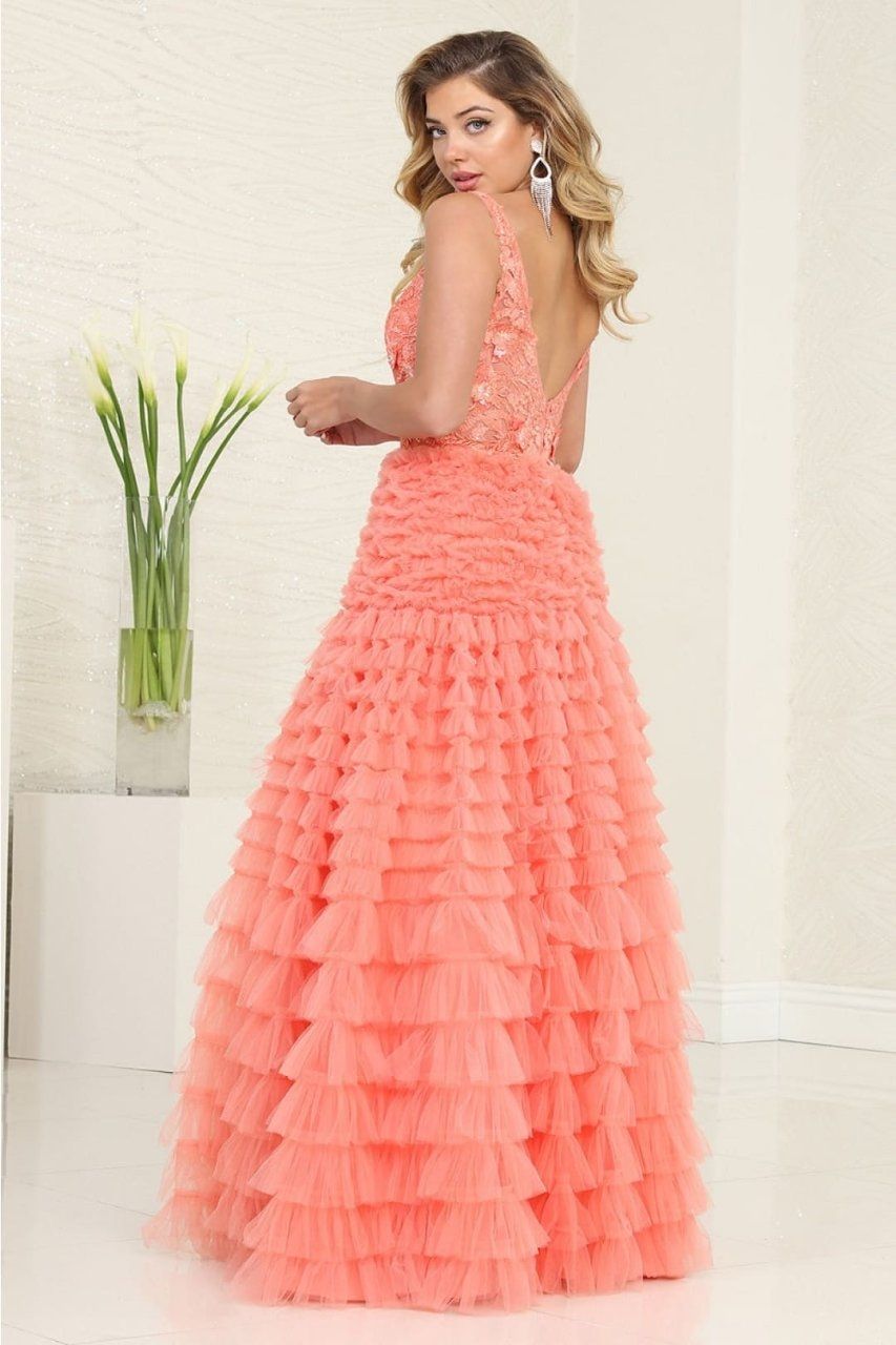 Coral V-Neck Floor-Length Tulle Formal Dress Ruffle May Queen RQ8123