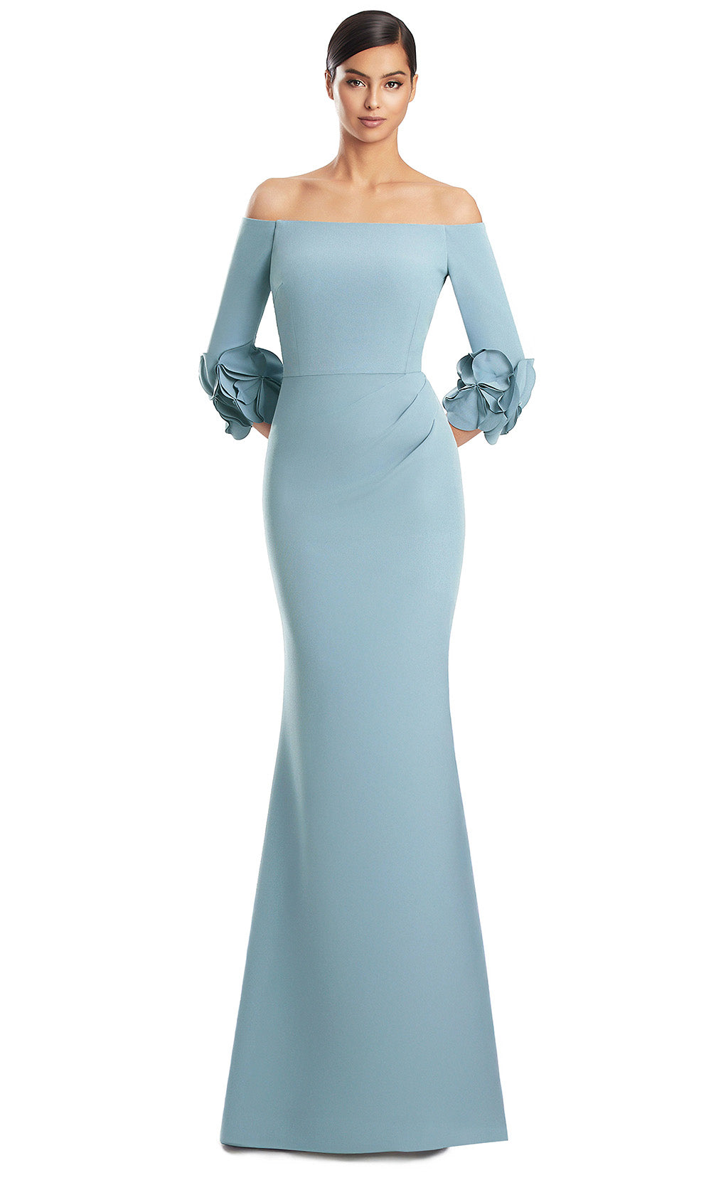 Off-Shoulder Long Crepe Evening Gown by Alexander by Daymor 3251S26 in Glacier Blue