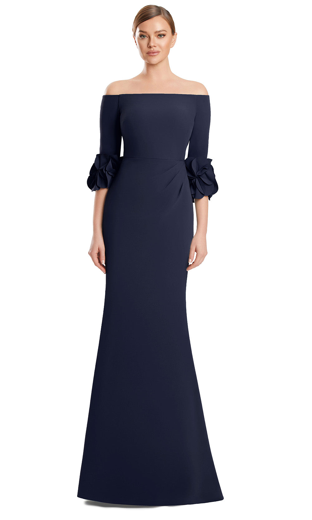 Off-Shoulder Long Crepe Evening Gown by Alexander by Daymor 3251S26 in Navy