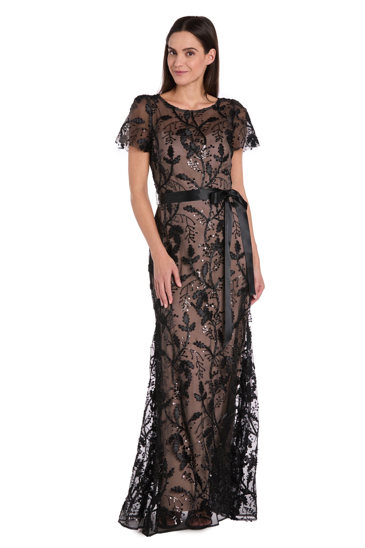 Prom Dresses Floral Formal Long Prom Dress Black/Nude