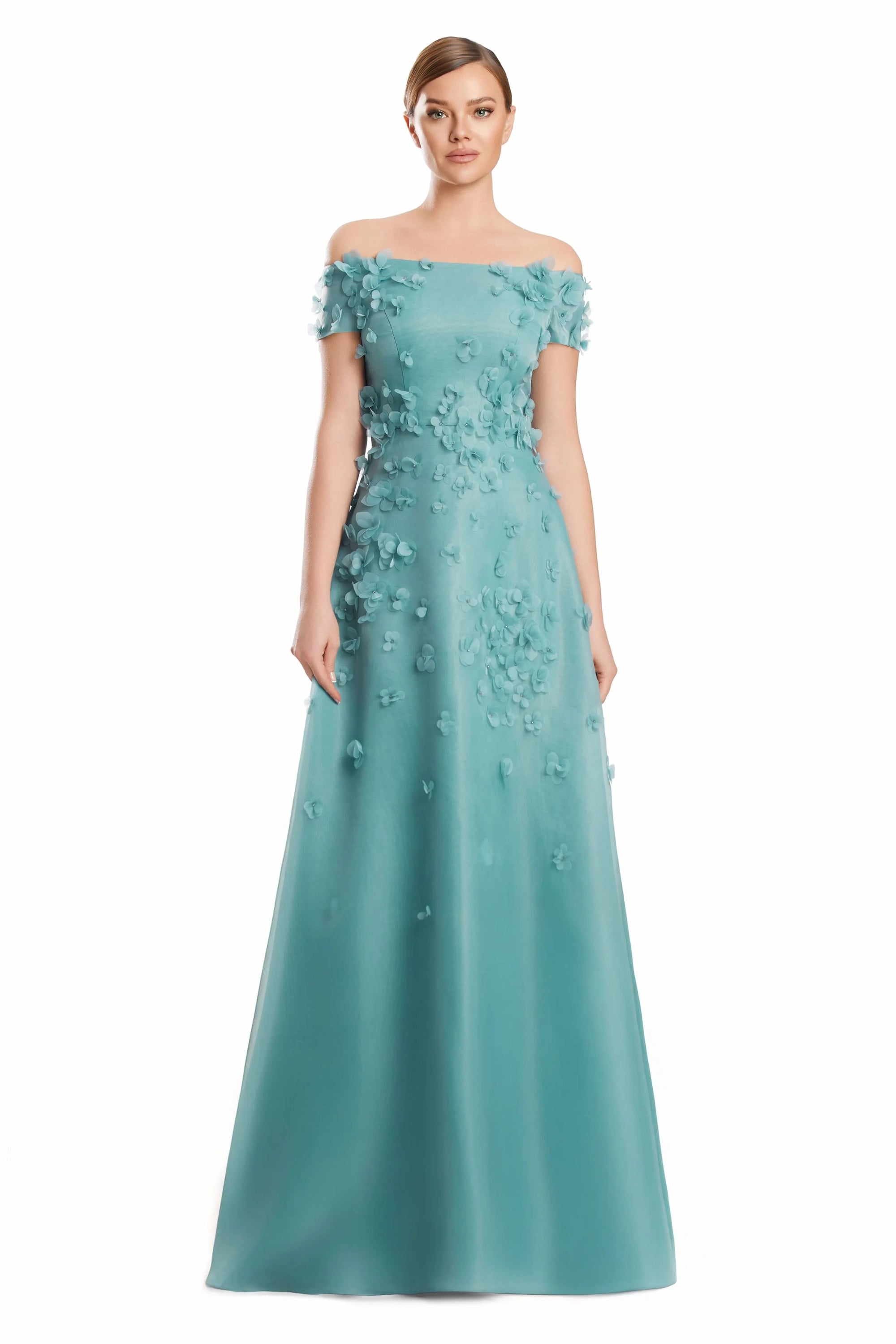 Off-Shoulder Floor-Length Embellished Gown by Alexander by Daymor 3253S26 in Seafoam