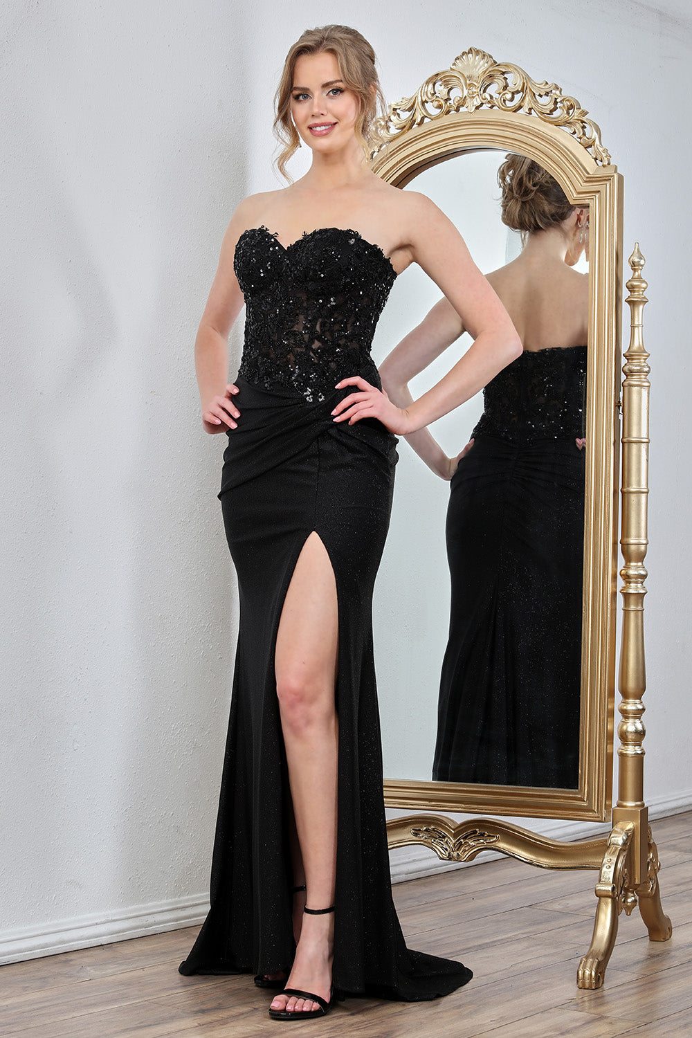 Prom Dresses Glitter Long Formal Pleated Slit Prom Dress Black