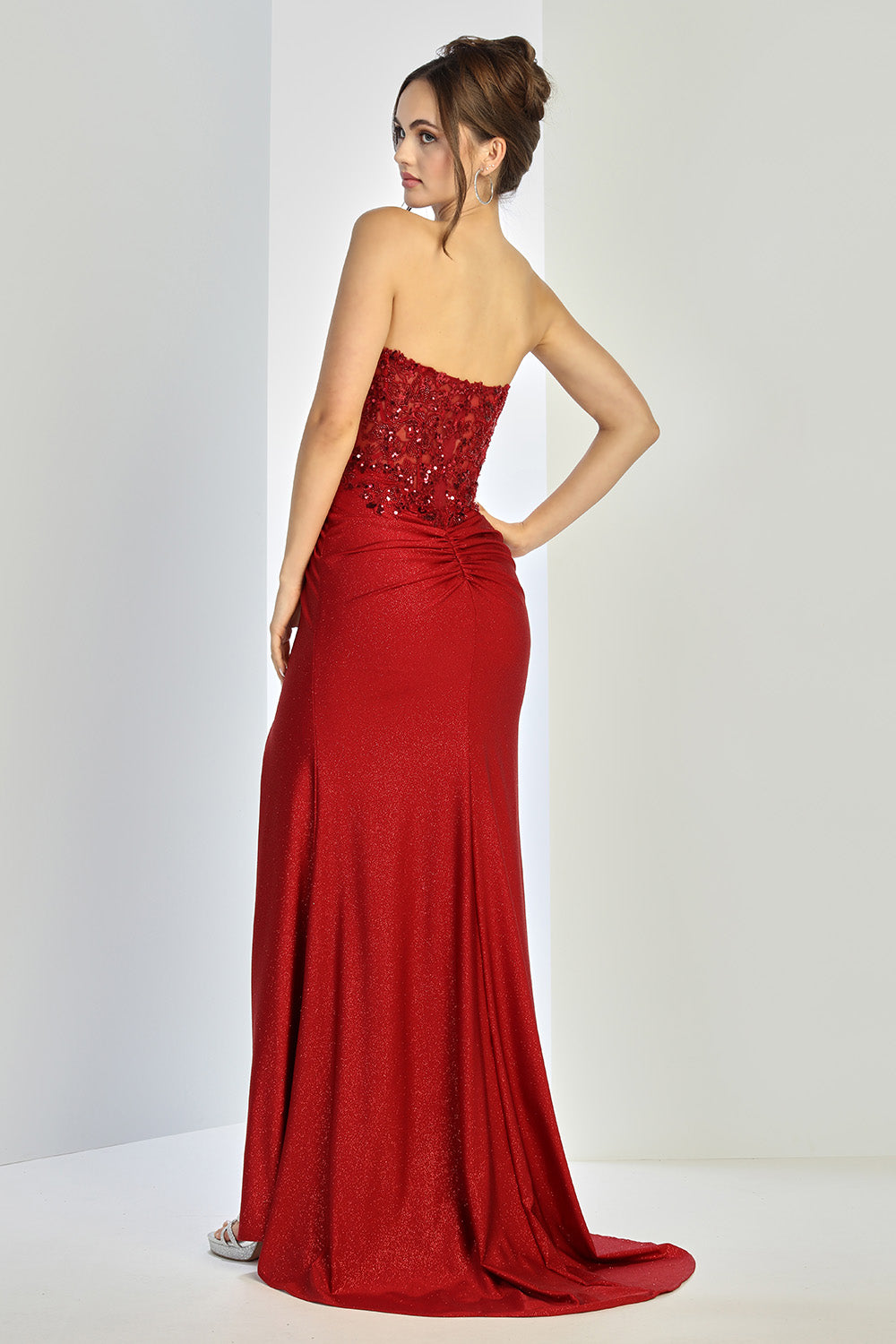 Adora Design 3253 Glitter Long Formal Pleated Slit Prom Dress