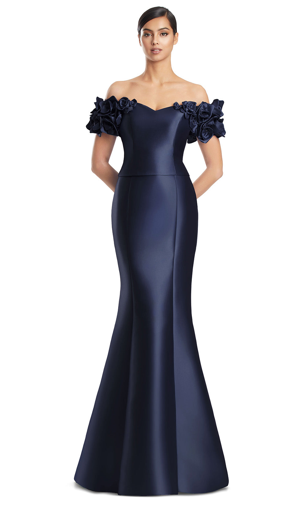 Off-Shoulder Gown with Floral Sleeves by Alexander by Daymor 3254S26 in Navy