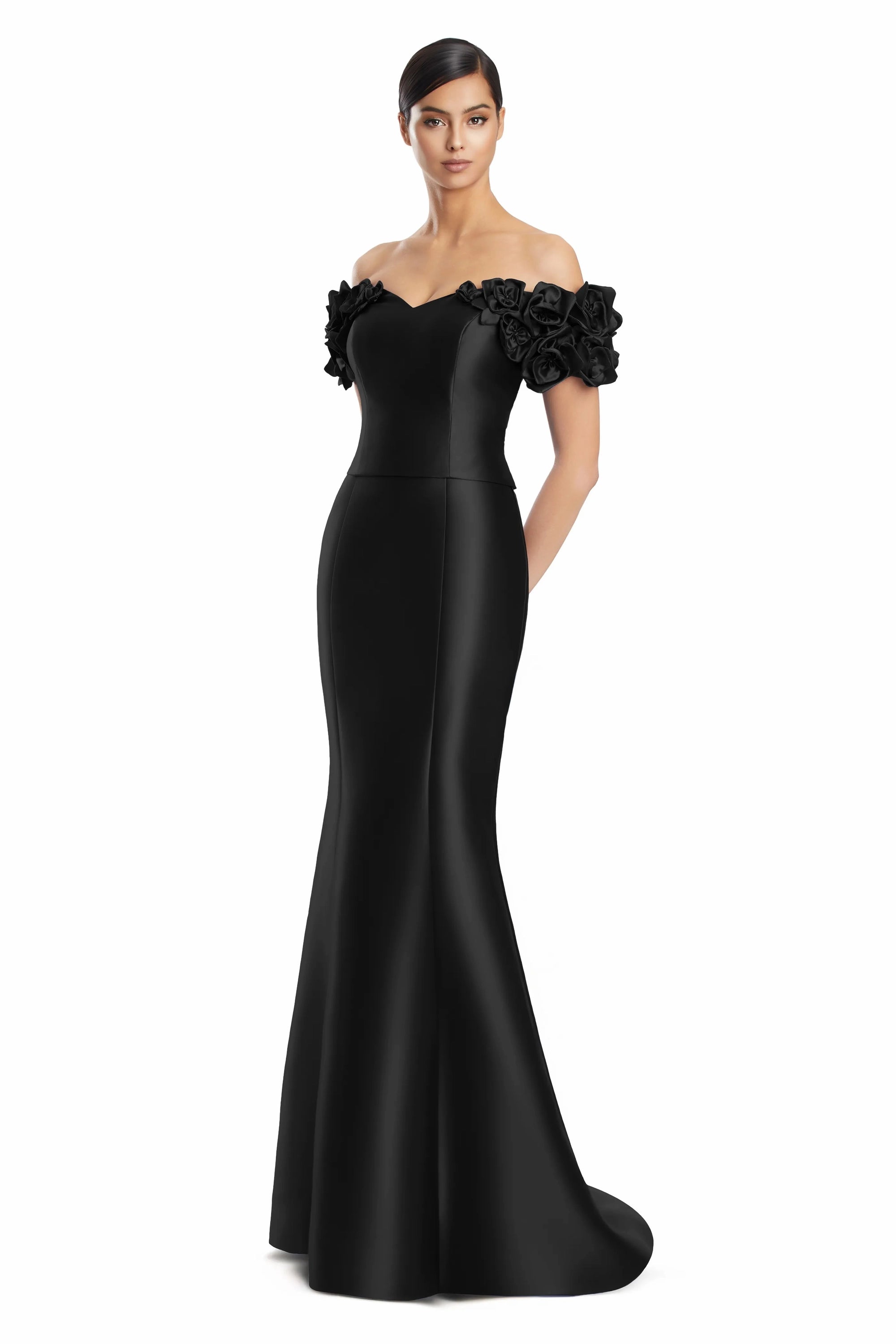 Off-Shoulder Gown with Floral Sleeves by Alexander by Daymor 3254S26 in Black