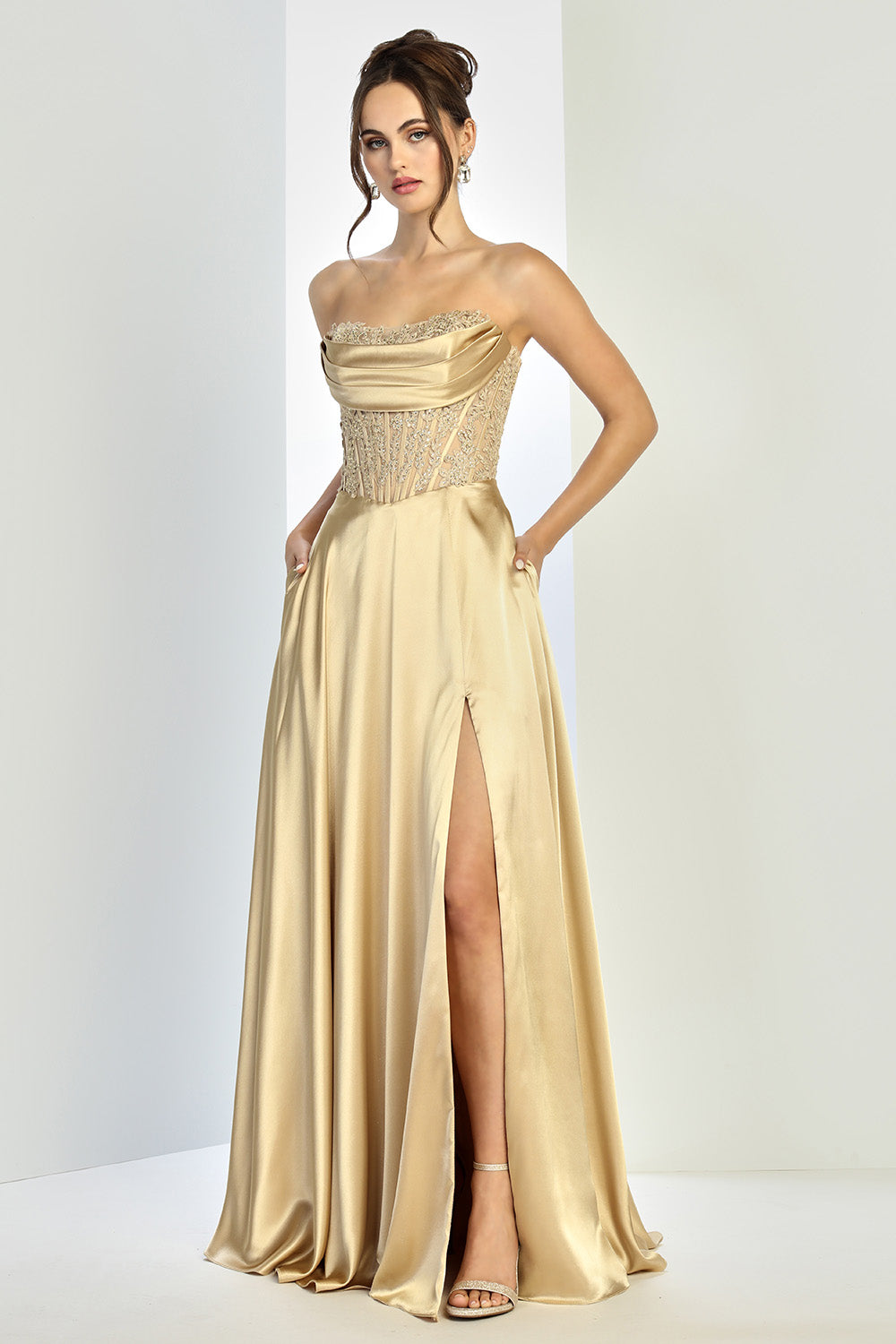 Adora Design 3254 Pleated A Line Long Formal Corset Pocket Pocket Dress