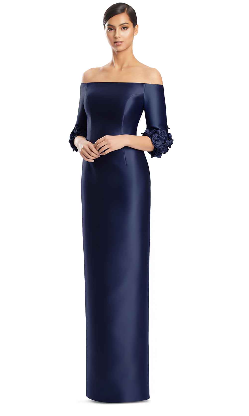Off-Shoulder Floor-Length Satin Mother of the Bride Dress by Alexander by Daymor 3256S26 in Navy