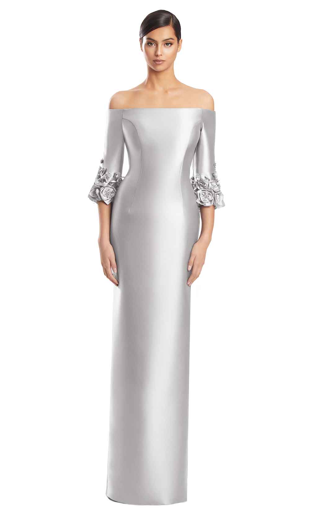 Off-Shoulder Floor-Length Satin Mother of the Bride Dress by Alexander by Daymor 3256S26 in Platinum