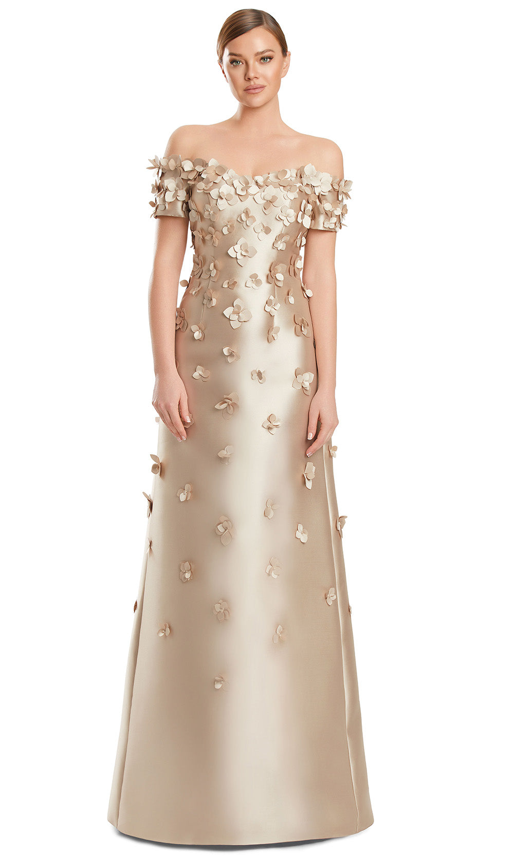Off-Shoulder Long Satin Evening Gown by Alexander by Daymor 3259S26 in Wheat