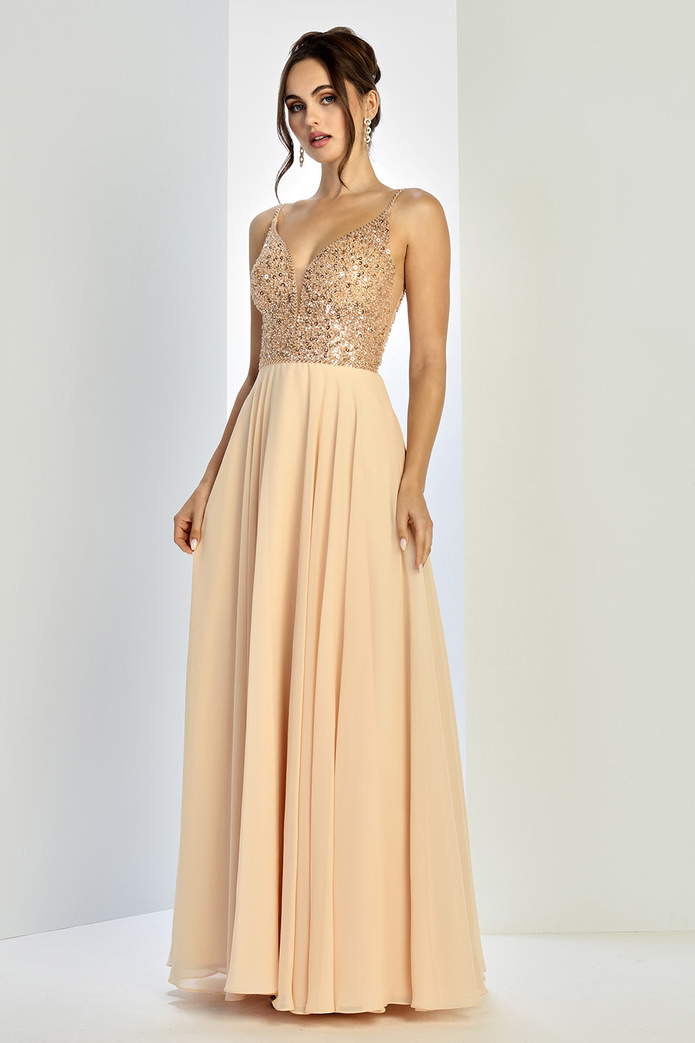 Adora Design 3259 Sequin Chiffon Spaghetti Strap A-Line Prom Dress | Formal Dress Shops Champagne / 16 Adora Design 3259 Sequin Chiffon Spaghetti Strap A-Line Prom Dress | Formal Dress Shops Champagne / 16