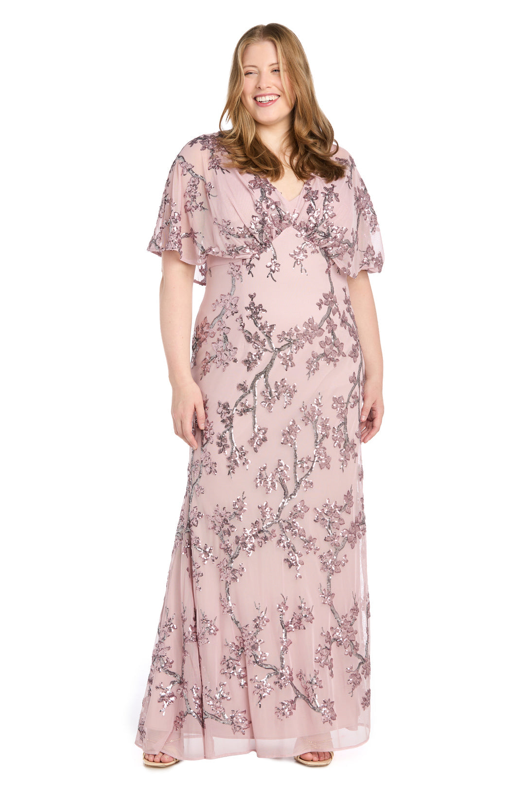 R&M Richards 3262W Plus Size Long Formal Floral Sequin Caplet Dress