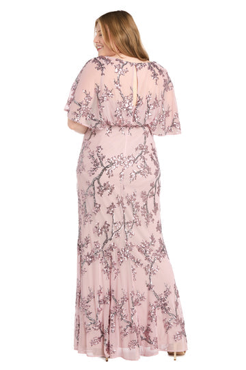 R&M Richards 3262W Plus Size Long Formal Floral Sequin Caplet Dress