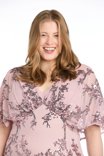R&M Richards 3262W Plus Size Long Formal Floral Sequin Caplet Dress