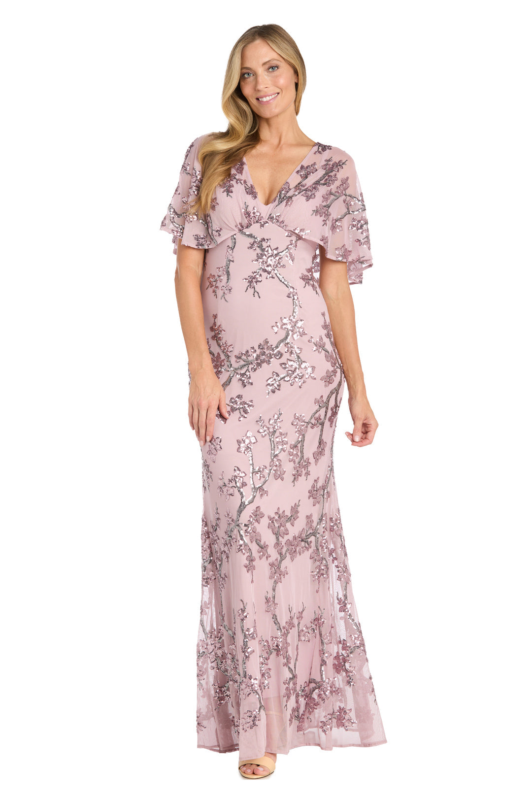 R&M Richards 3262P Petite Long Floral Sequin Caplet Formal Dress