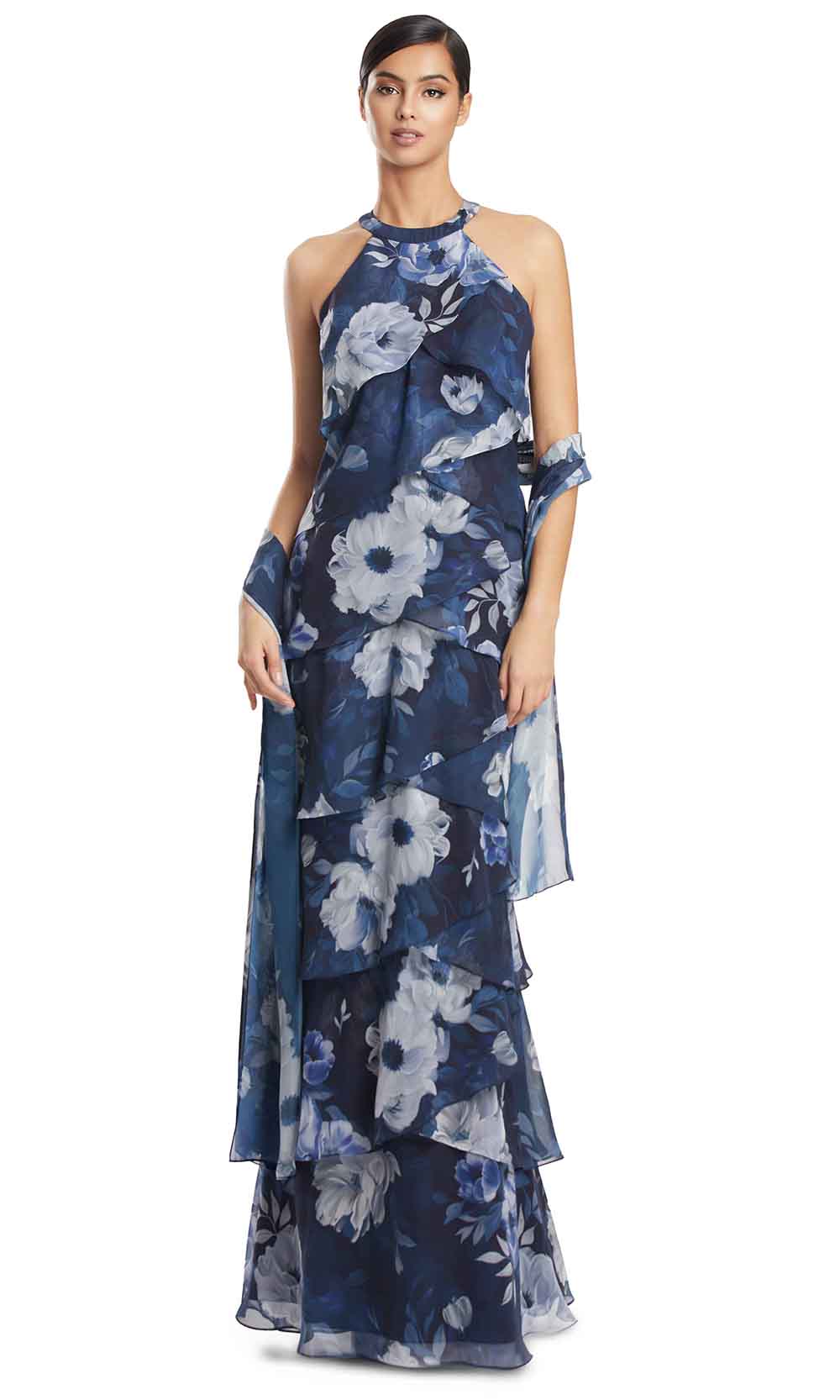 Halter Tiered Chiffon Evening Gown by Alexander by Daymor 3268S26 in Navy/Multi