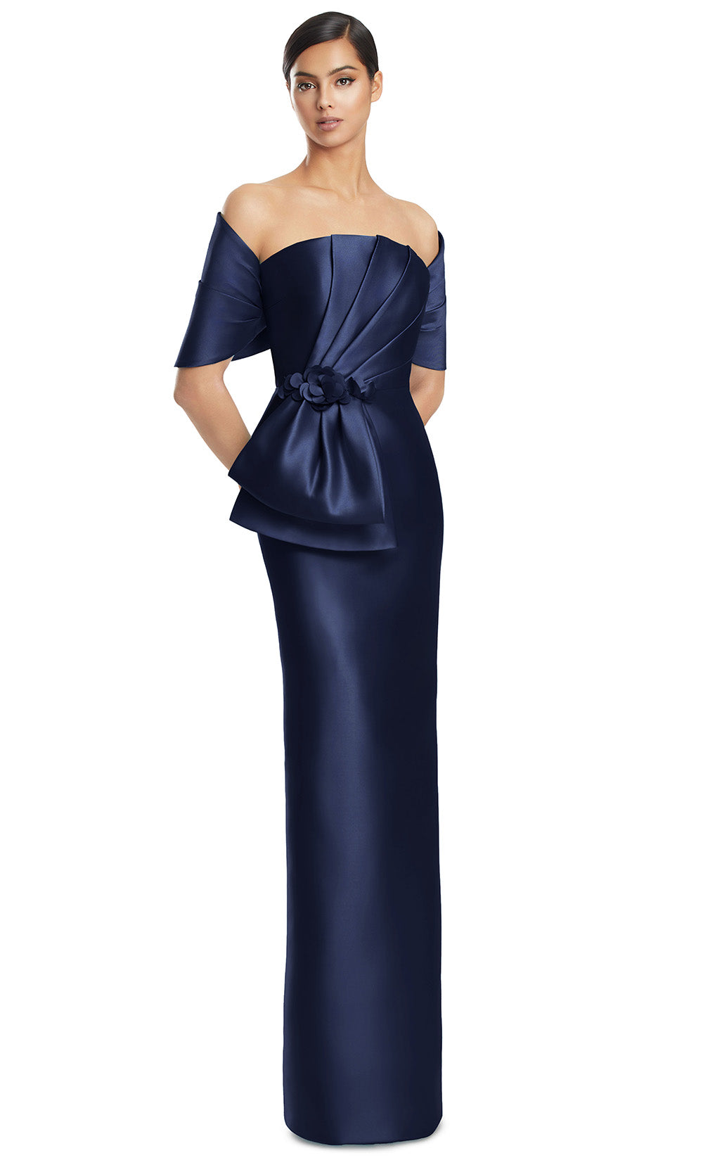Off-Shoulder Long Satin Evening Gown by Alexander by Daymor 3271S26 in Navy