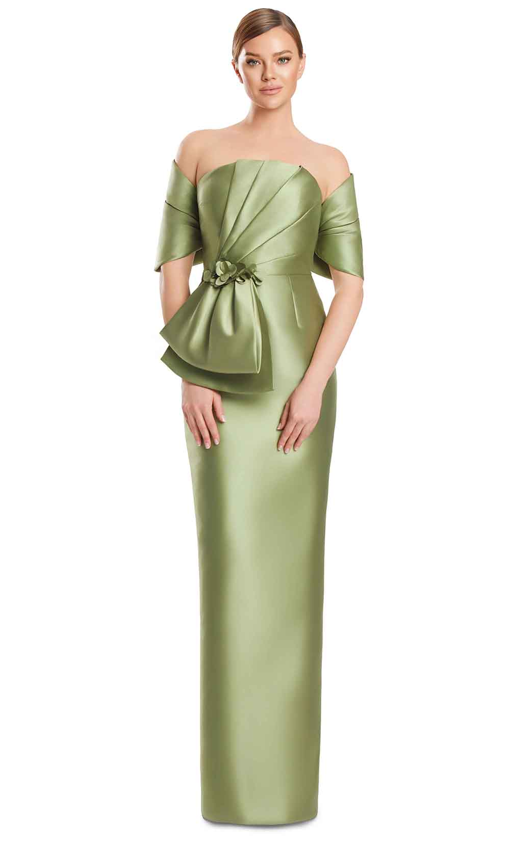 Off-Shoulder Long Satin Evening Gown by Alexander by Daymor 3271S26 in Olive