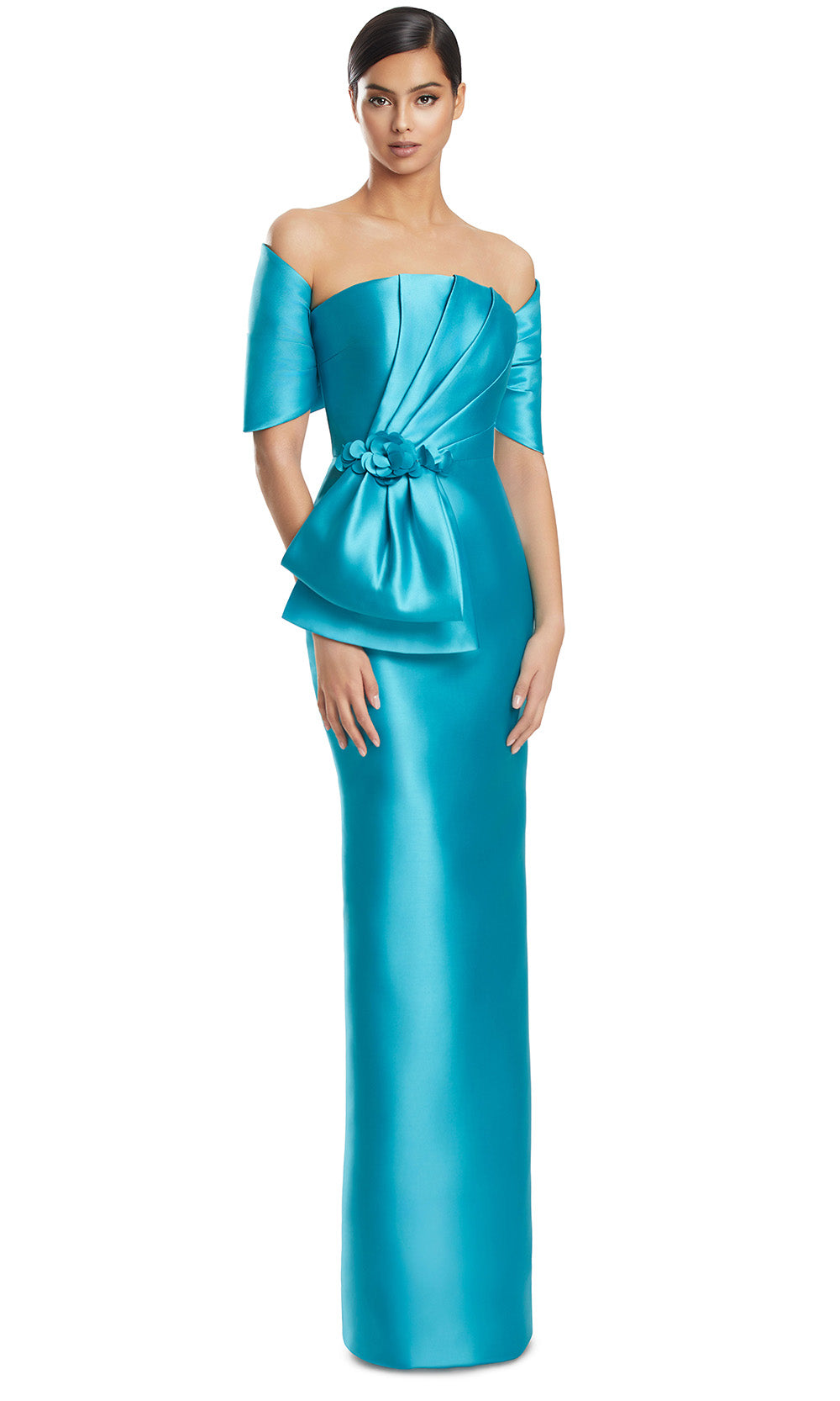 Off-Shoulder Long Satin Evening Gown by Alexander by Daymor 3271S26 in Turquoise