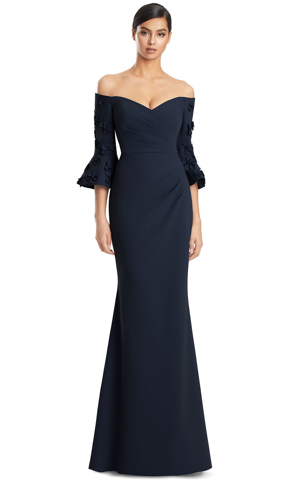 Off-Shoulder Long Stretch Crepe Evening Gown by Alexander by Daymor 3273S26 in Navy