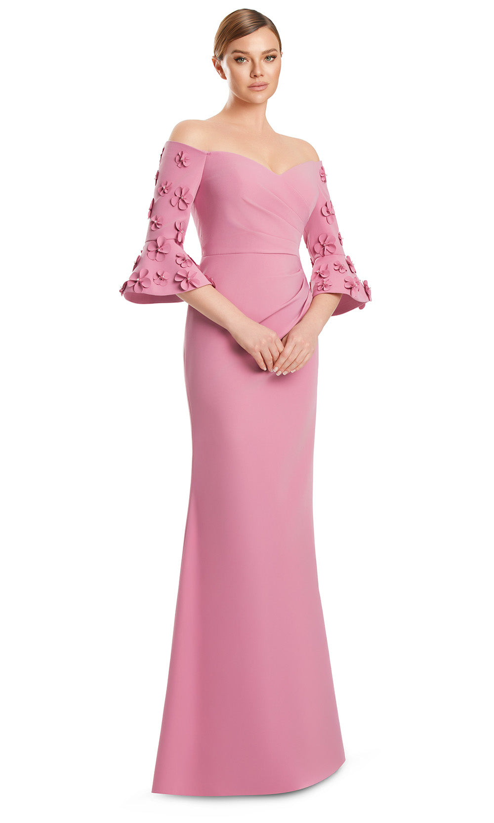 Off-Shoulder Long Stretch Crepe Evening Gown by Alexander by Daymor 3273S26 in Peony