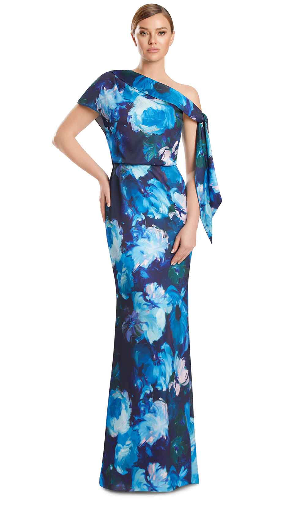 One Shoulder Long Floral Evening Gown by Alexander by Daymor 3274S26 in Navy/ Multi