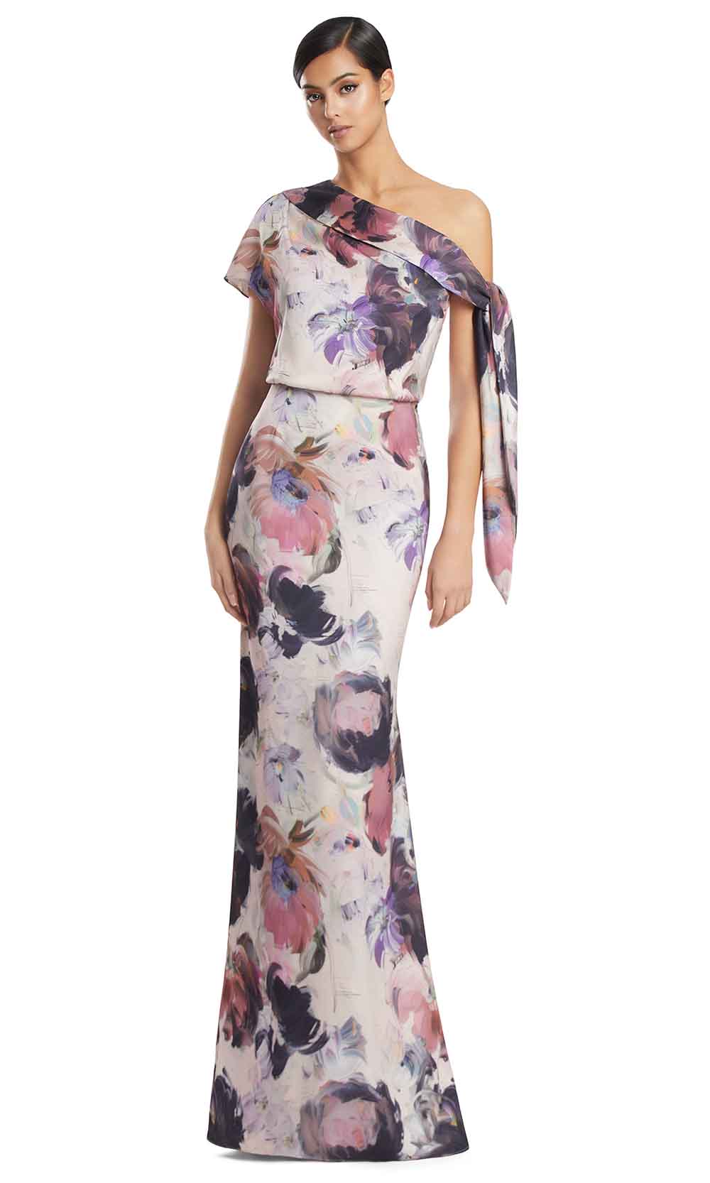 One Shoulder Long Floral Evening Gown by Alexander by Daymor 3274S26 in Toasted Almond/ Multi